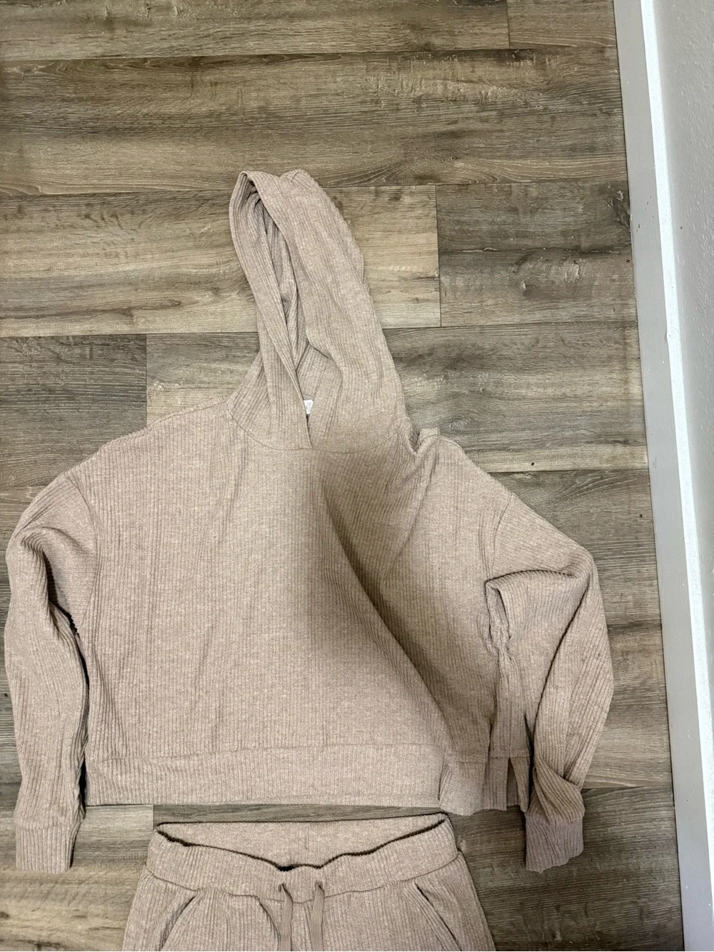 Alo Yoga Muse Ribbed Crop Hoodie Sweatpants Set Gravel Heather Large L 2pc